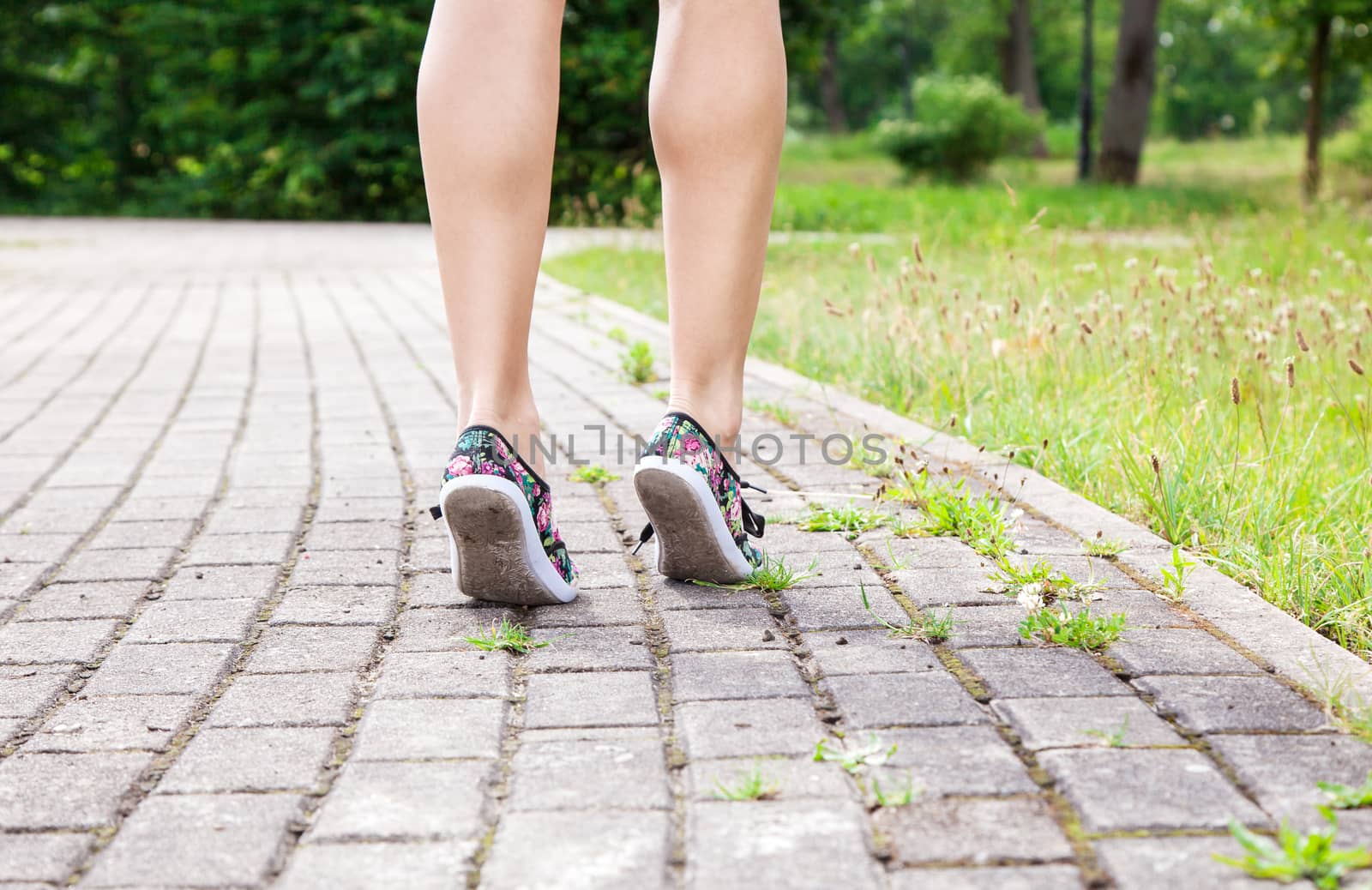 legs of a woman walking on the sidewalk in the park on summer day closeup