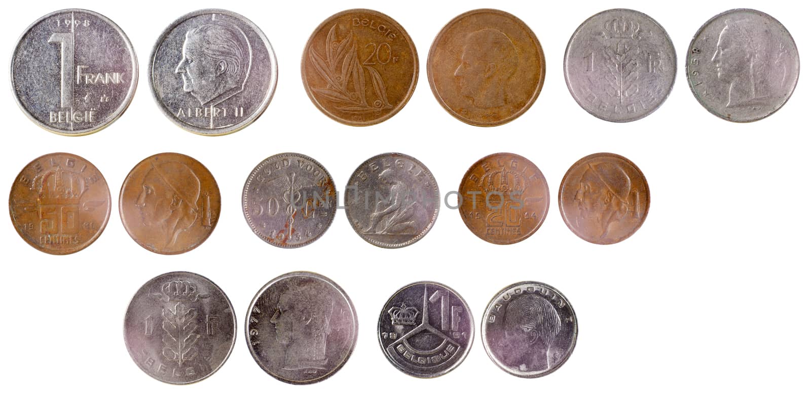 different old belgian coins isolated on white background