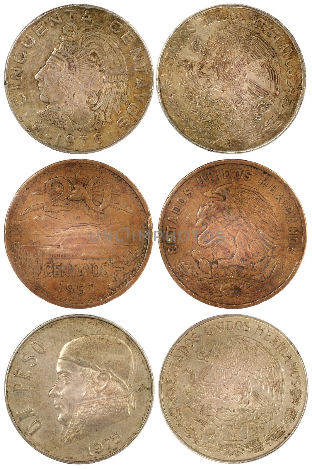 different rare coins of mexico isolated on white background