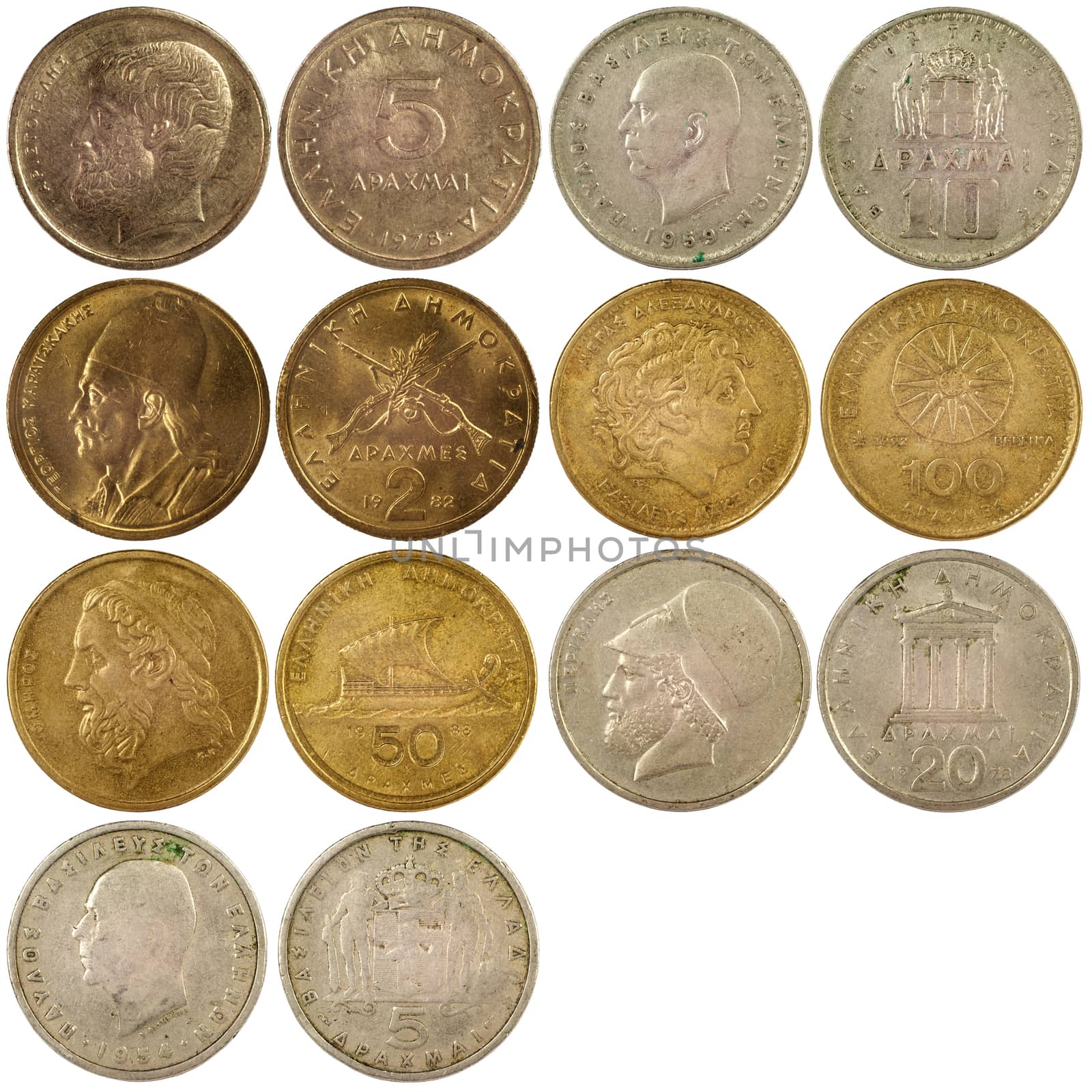 old vintage coins of greece isolated on white background