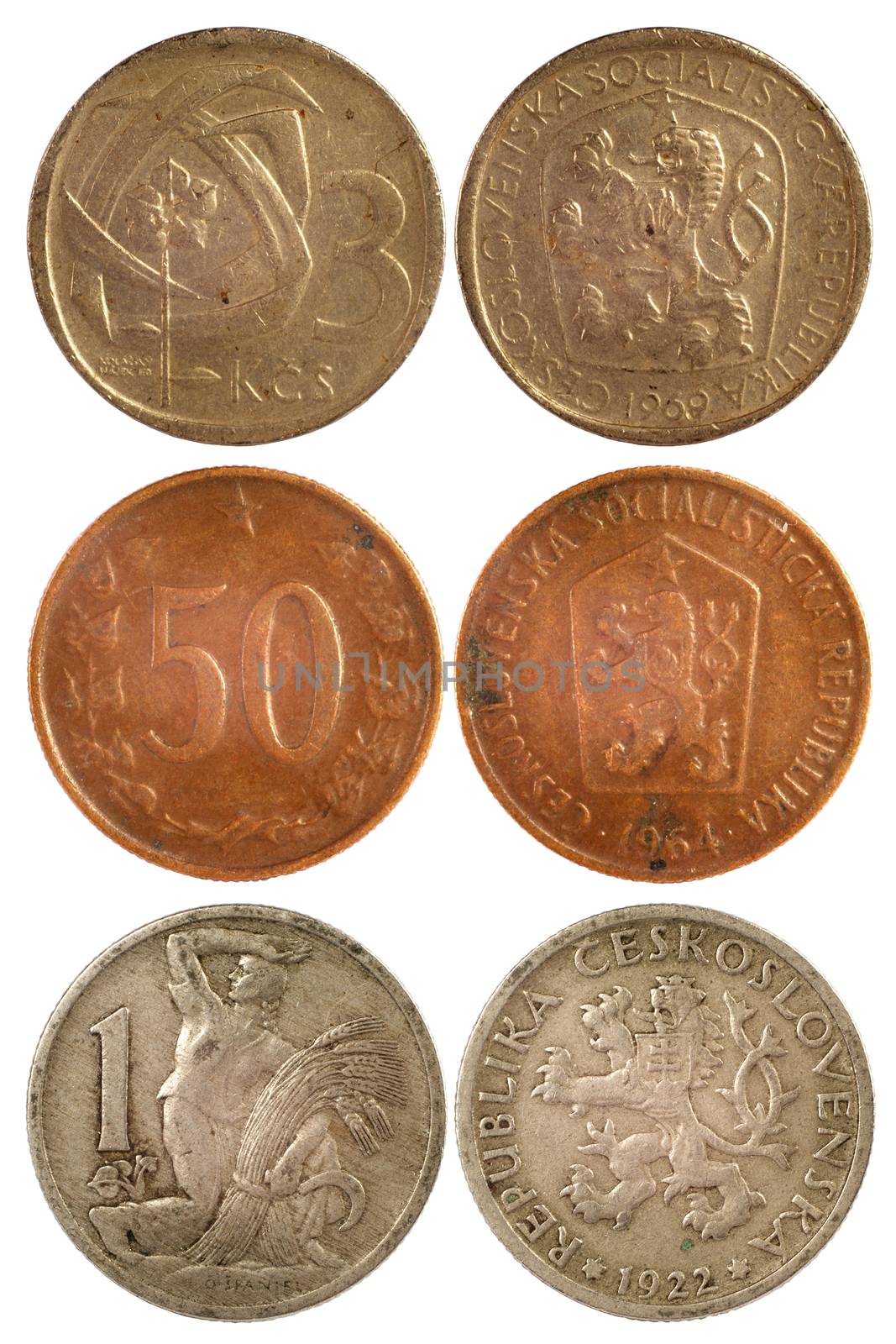 rare vintage coins of czechoslovakia isolated on white background