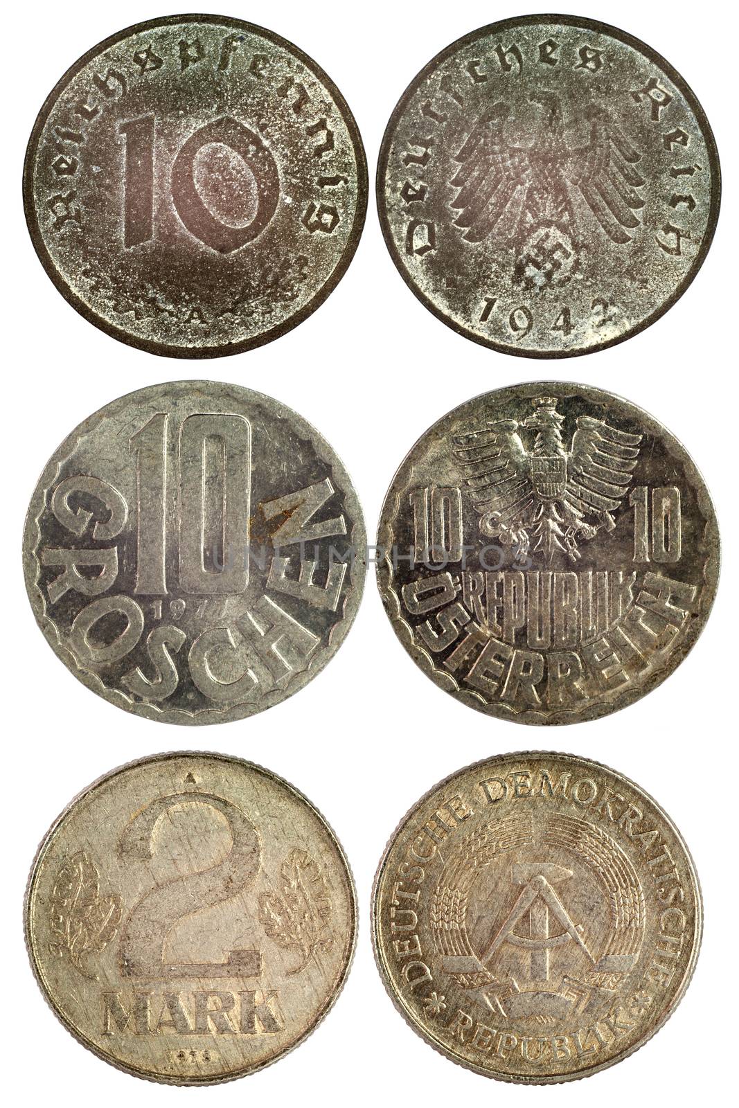 rare vintage different coins of germany isolated on white background