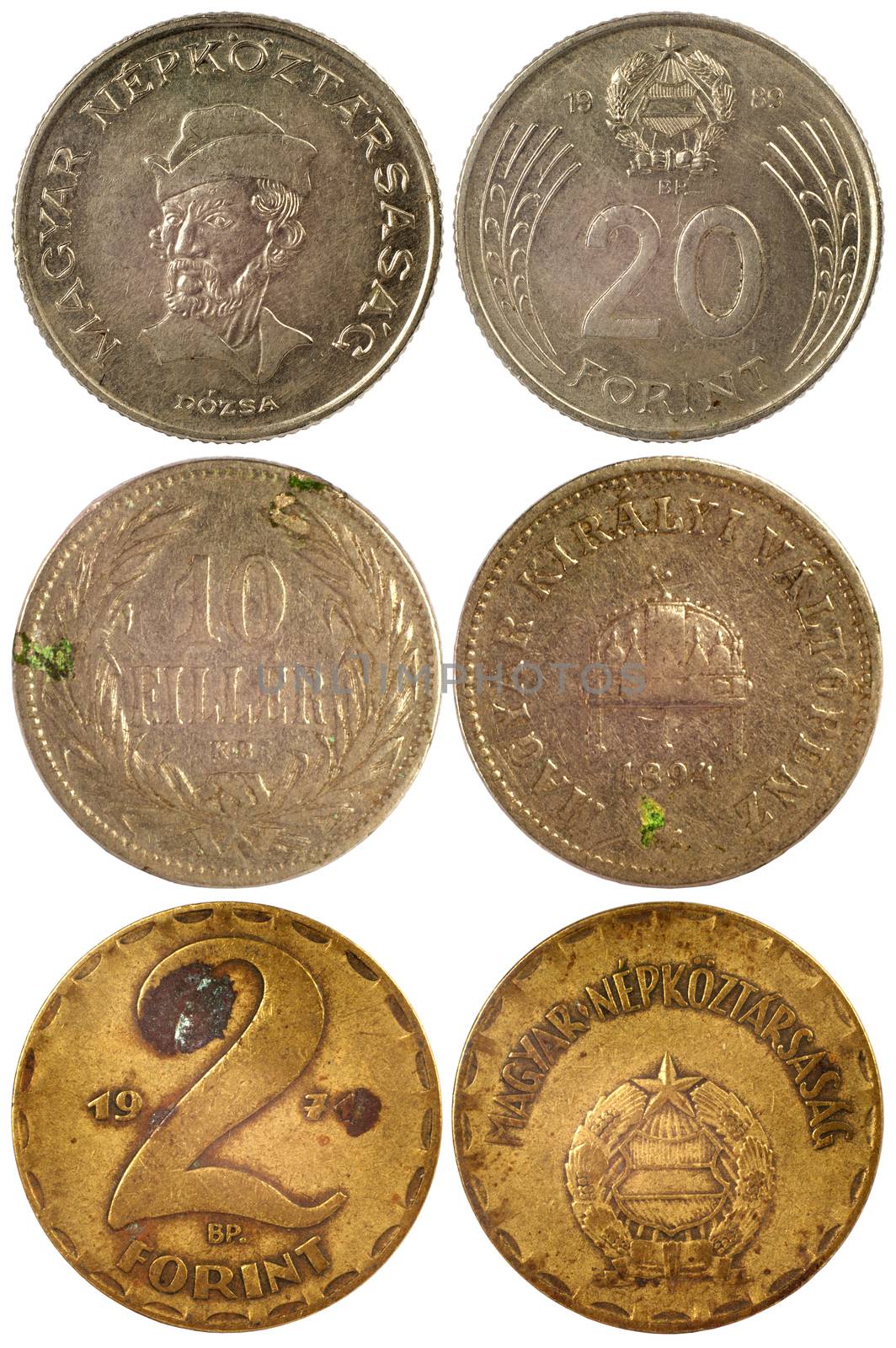 vintage rare coins of hungary isolated on white background