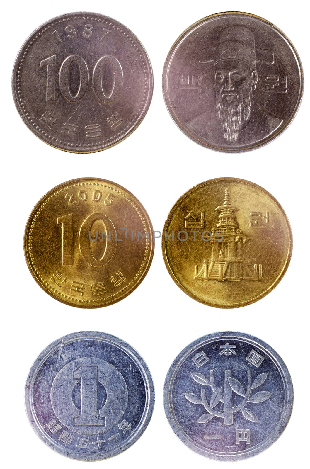 different old japanese coins isolated on white background