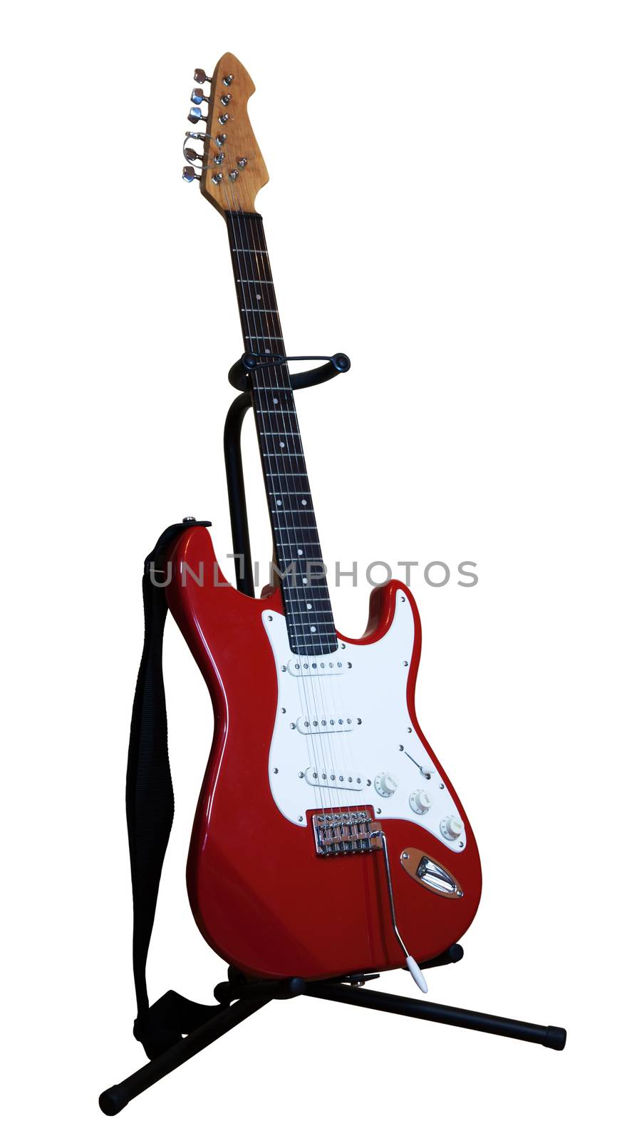 red electric guitar on a stand isolated on white background