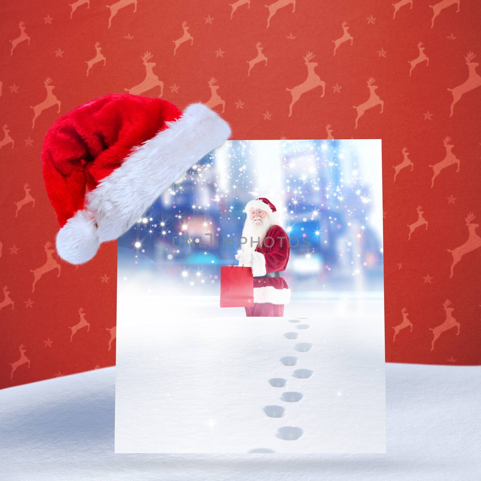 Santa hat on poster against santa delivering gifts in city