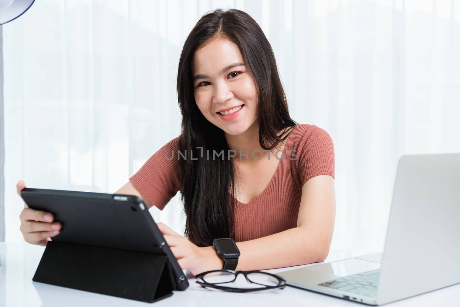 Business woman use smart tablet and laptop computer technology v by Sorapop