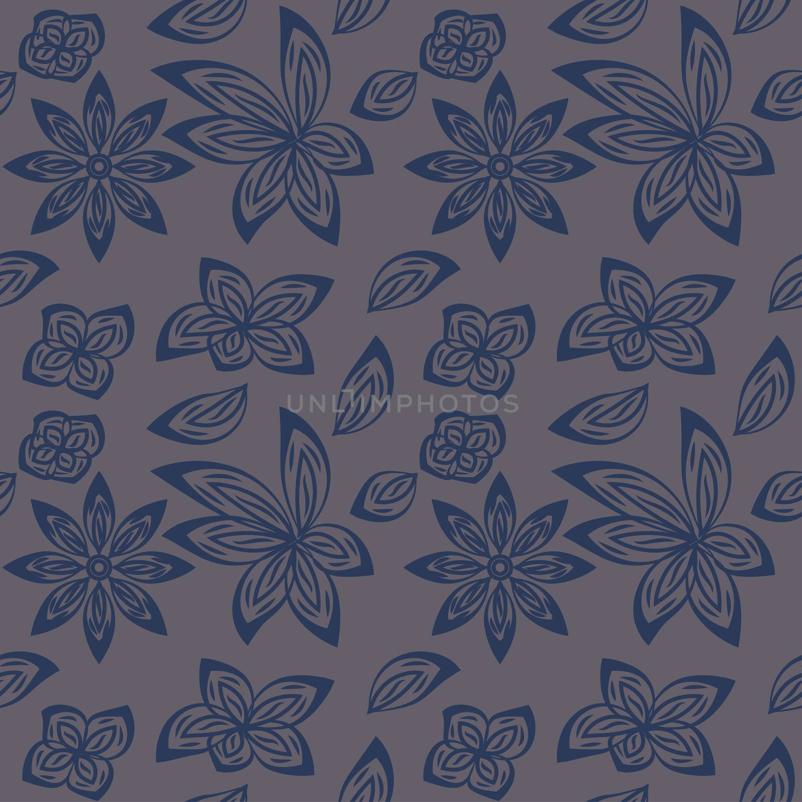 seamless pattern with leaves and flowers linocut style by eskimos