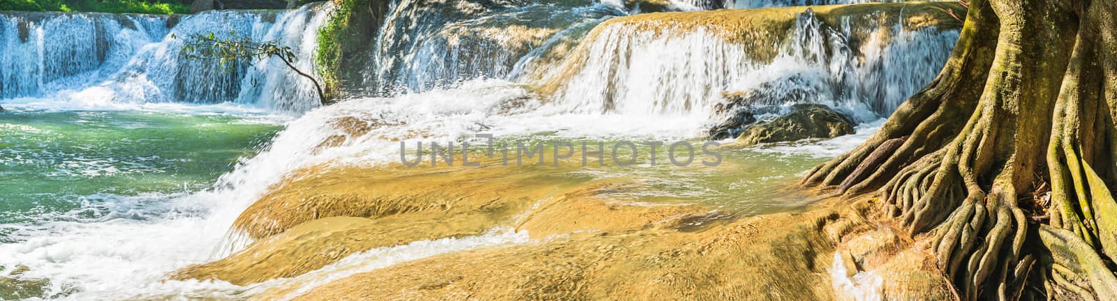 Panorama Waterfall in forest on the mountain in tropical forest at Chet Sao Noi in National park Saraburi province, Thailand