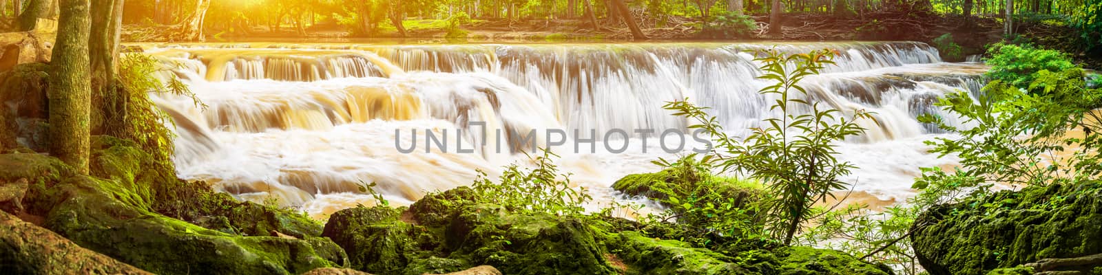 Panorama Waterfall in a forest on the mountain in tropical forest at National park Saraburi province, Thailand