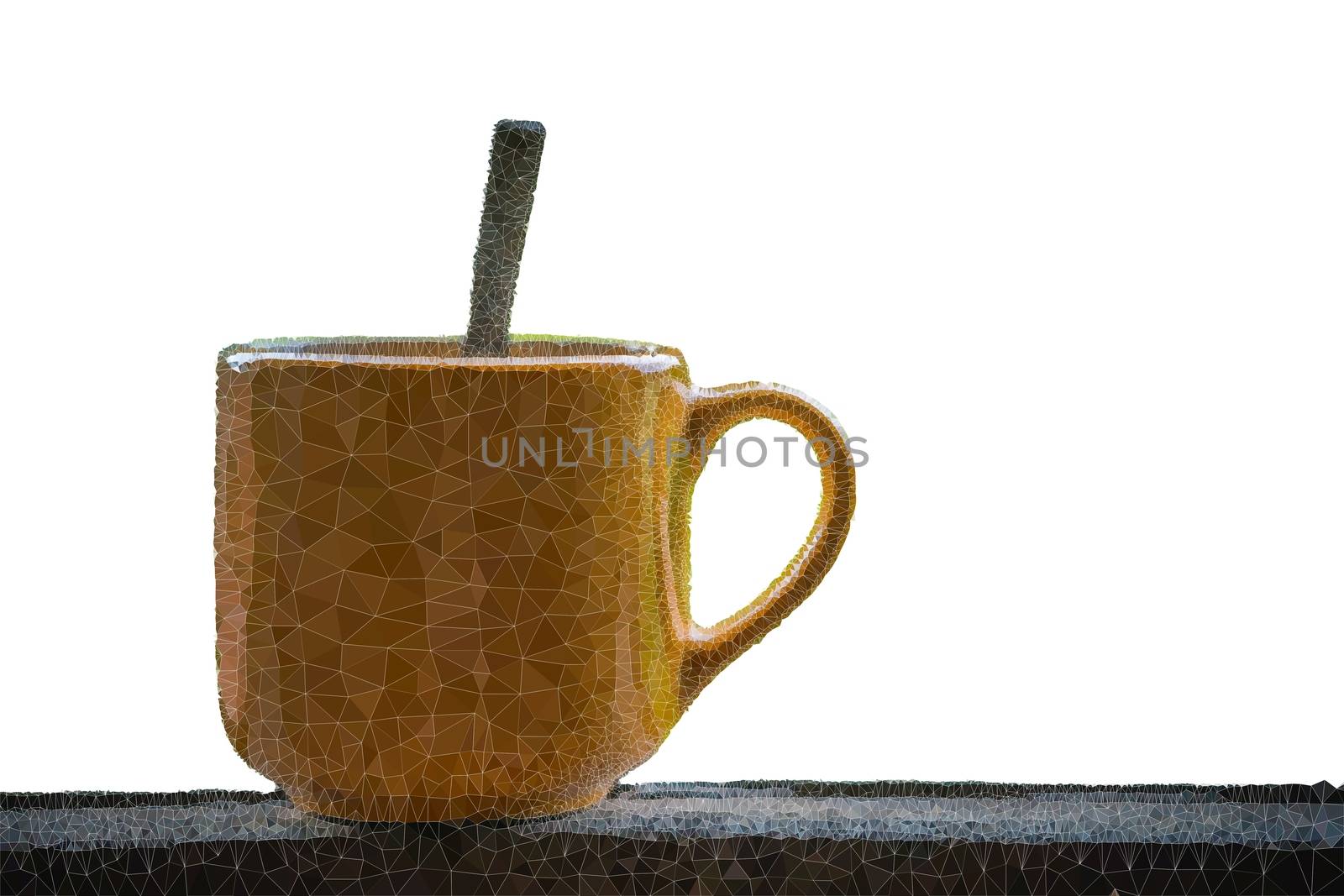 Abstract Triangles line A Coffee cup on wooden table with white background