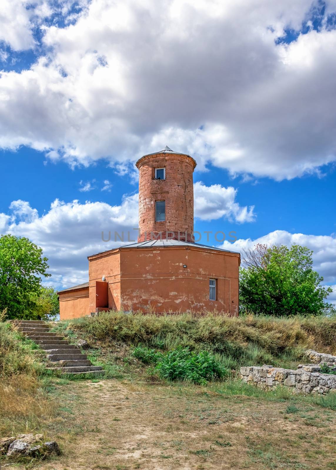 Ancient greek colony Olbia on the banks of the Southern Bug River in Ukraine on a cloudy summer day. Hi-res panoramic photo.