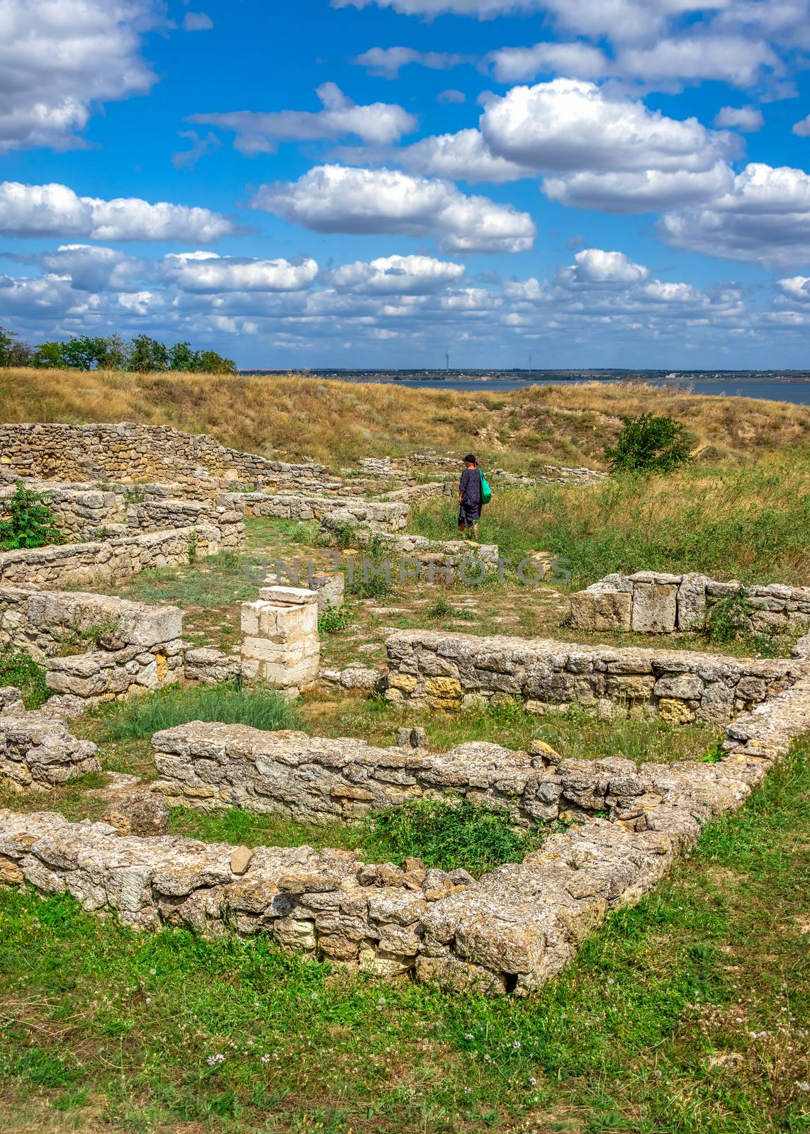 Ancient greek colony Olbia on the banks of the Southern Bug River in Ukraine on a cloudy summer day. Hi-res panoramic photo.