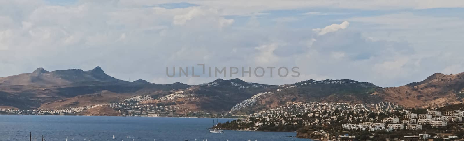 Mediterranean coast and cloudy sky, beautiful panoramic sea view and coastal nature scene