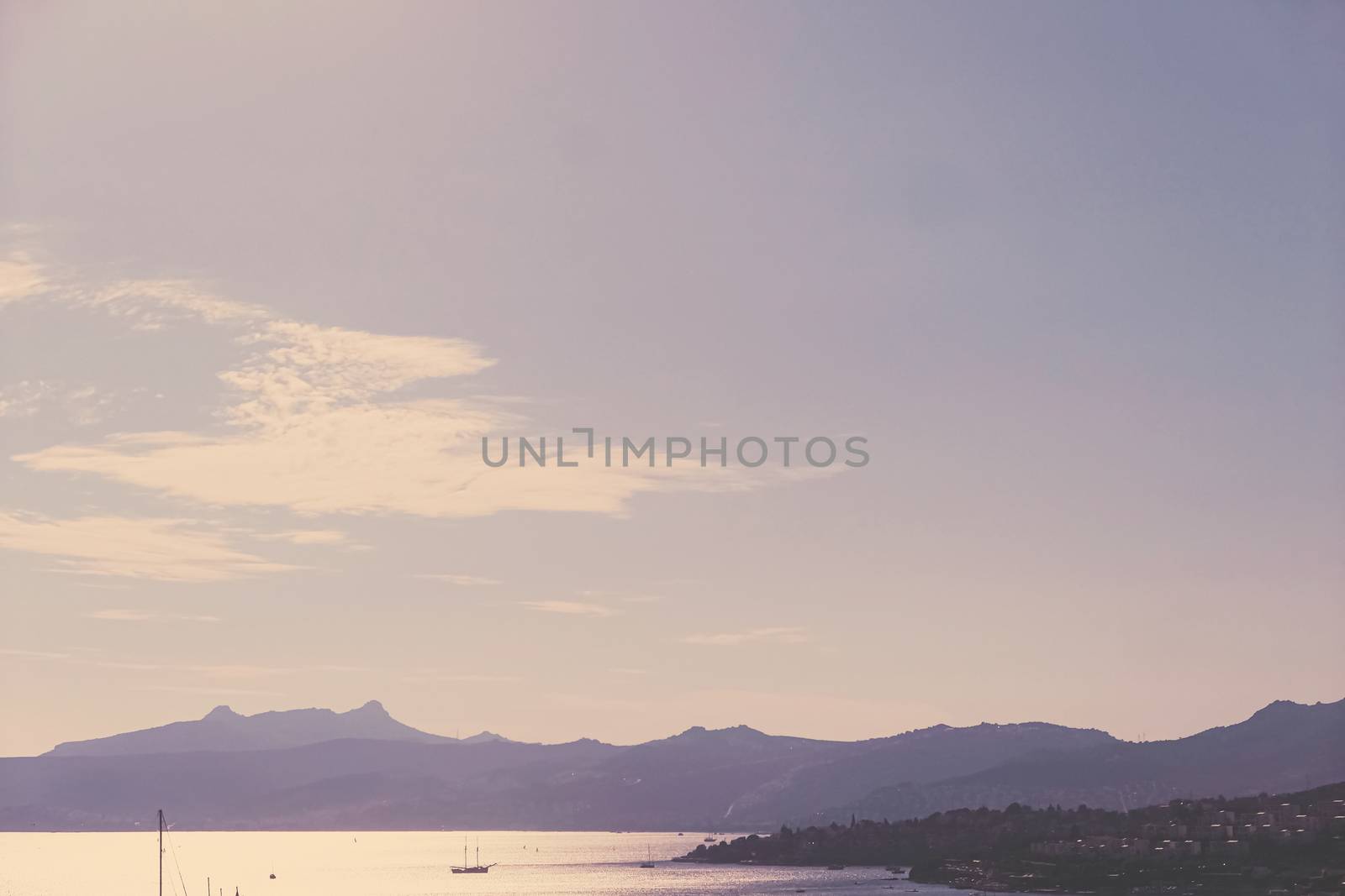 Beautiful sea view and mountains in the Mediterranean at sunset, summer vacation travel and holiday destination