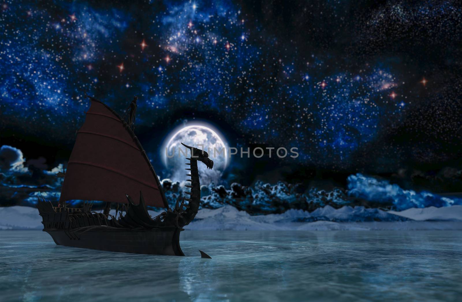 Viking warship at moonlight - 3D rendering