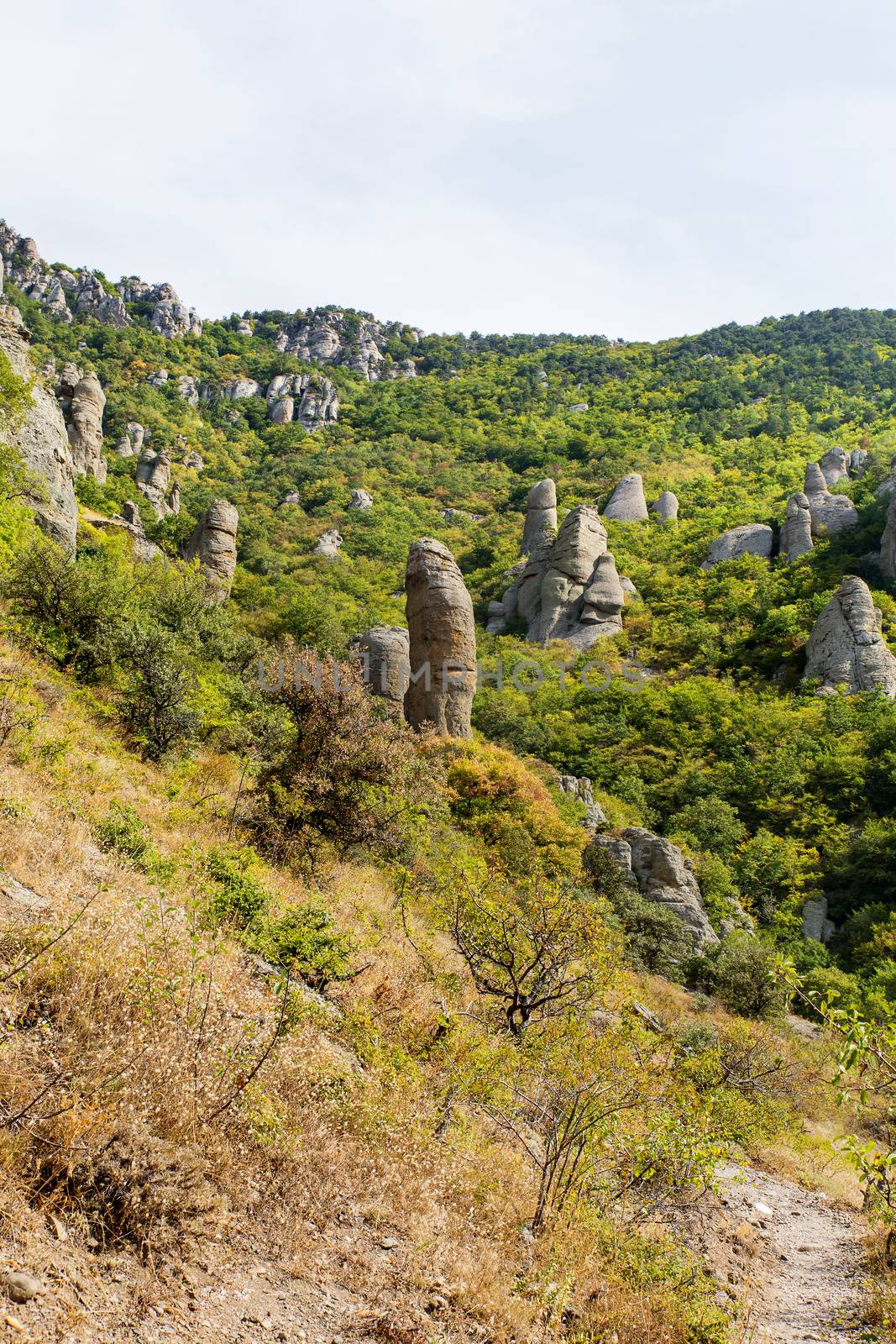 Famous "Ghost Valley" with strangly shaped rocks. Demerdji mountains. Crimea, Russia.