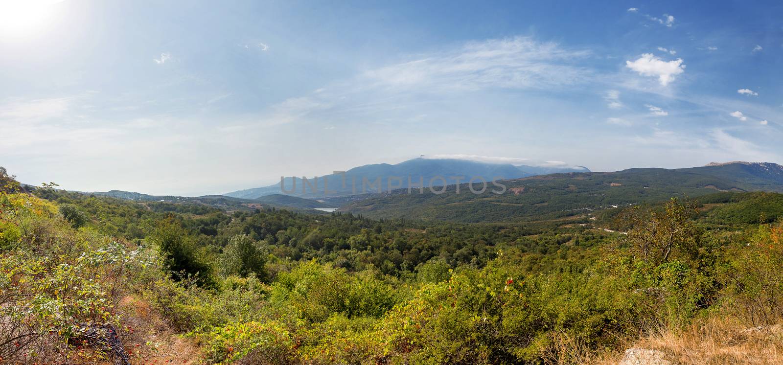 Canyon of mountains. Panorama view. Demerdzhi mountains, near Alushta. Crimea, Russia.