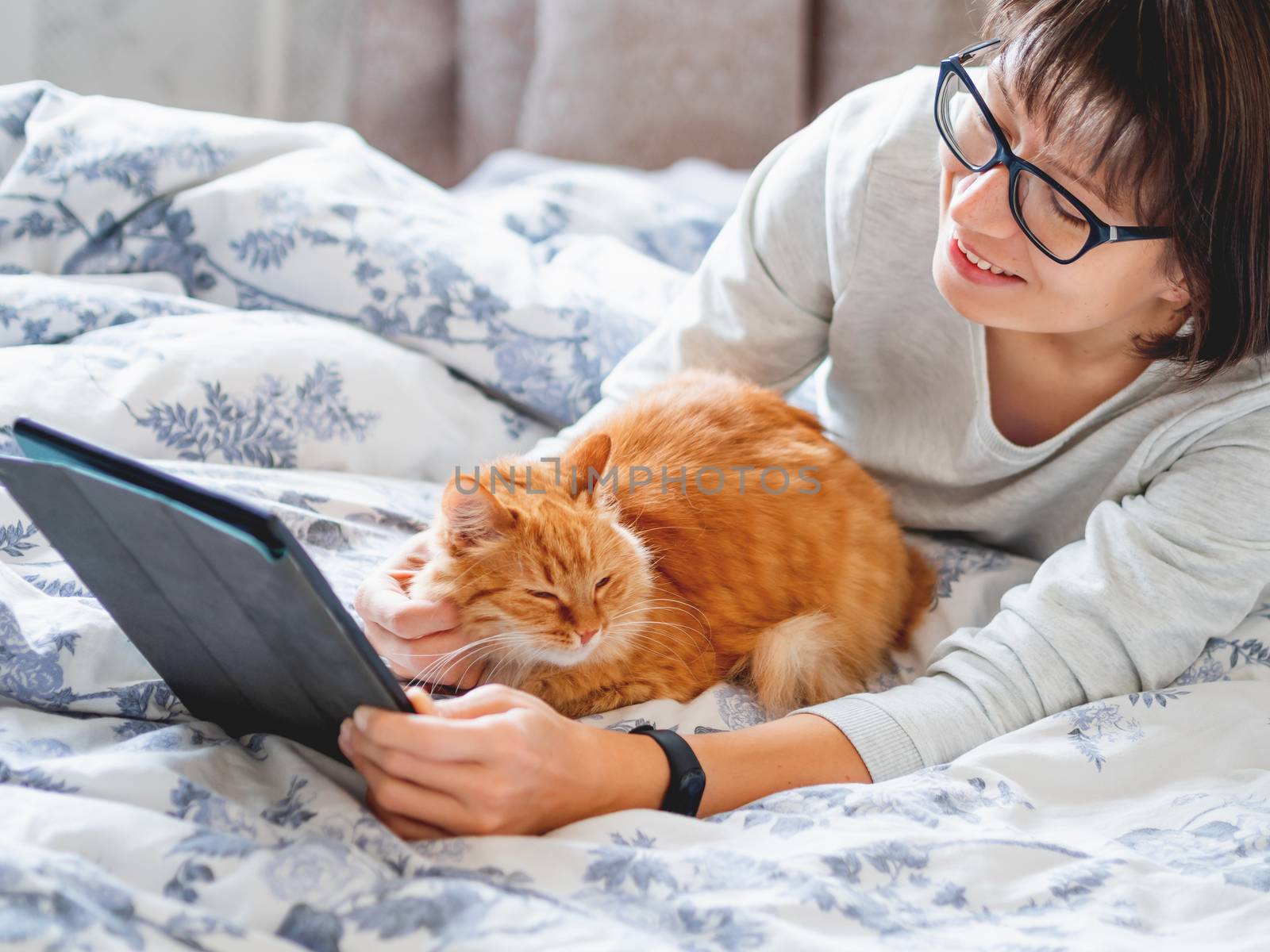 Cute ginger cat and woman in glasses are lying in bed. Woman is holding tablet and stroking her fluffy pet. Morning bedtime.