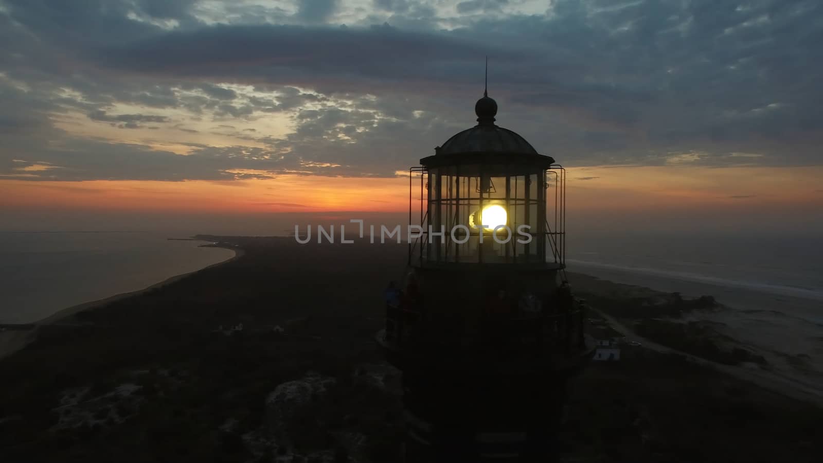 Aerial View of Sunrise at lighthouse on Long Island on a Spring Morning by a Drone