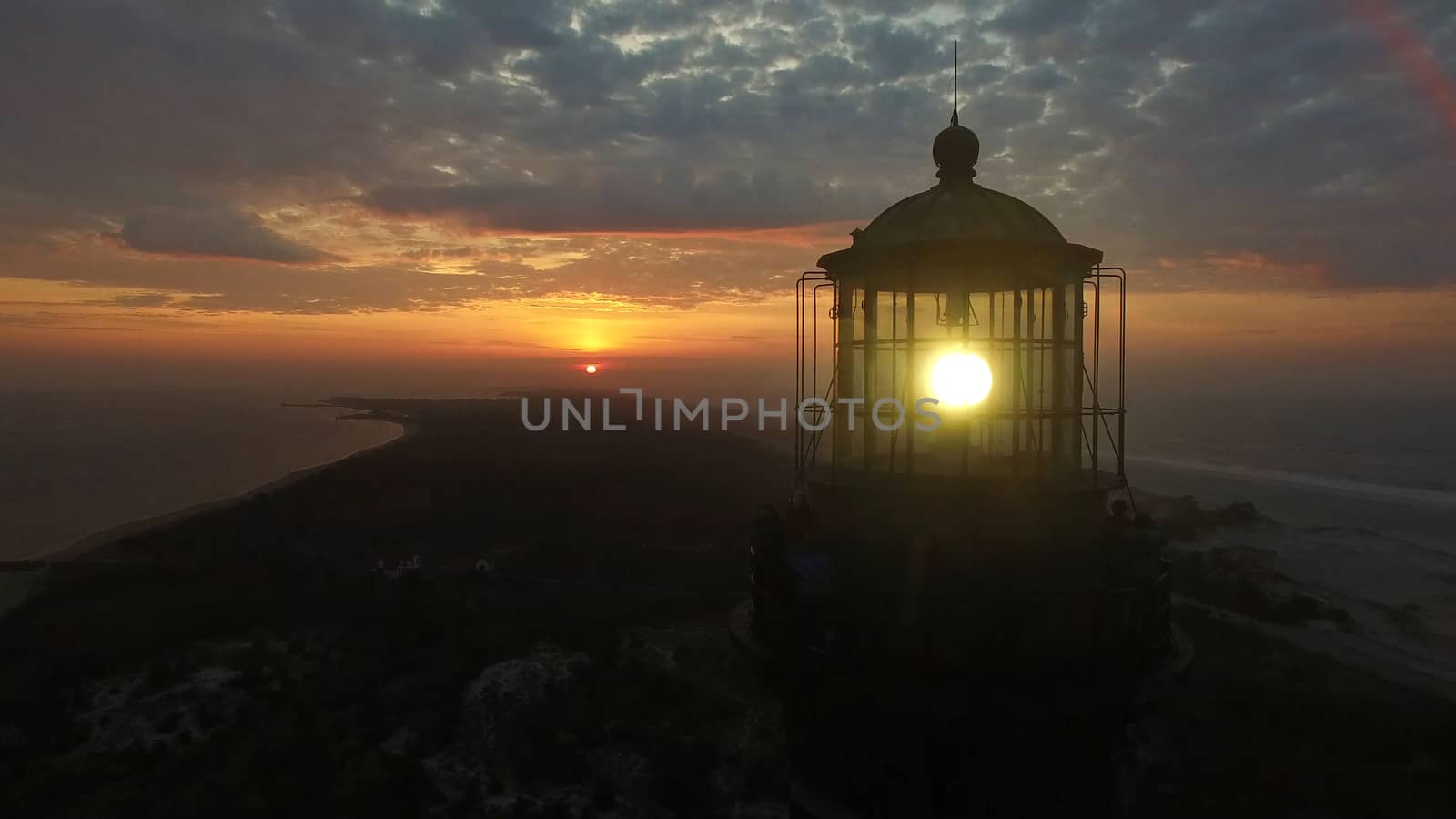 Aerial View of Sunrise at lighthouse on Long Island on a Spring Morning by a Drone