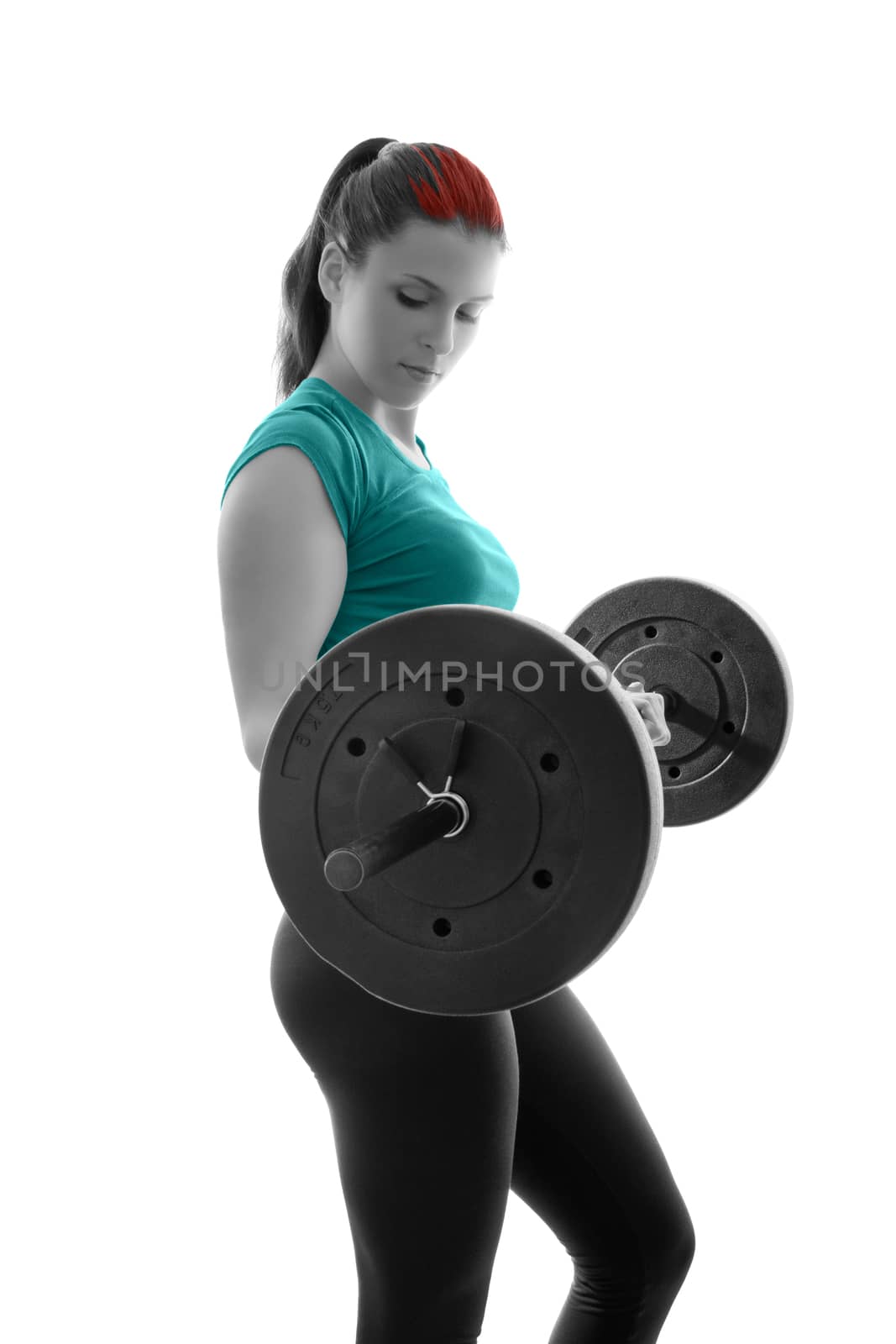 Young woman doing biceps curl with a barbell by Mendelex