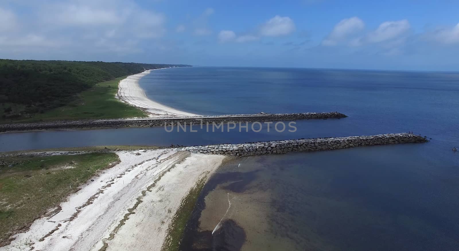 Aerial View of Coastal Shoreline on North Shore of Long Island on a Summer Day as Seen by a Drone