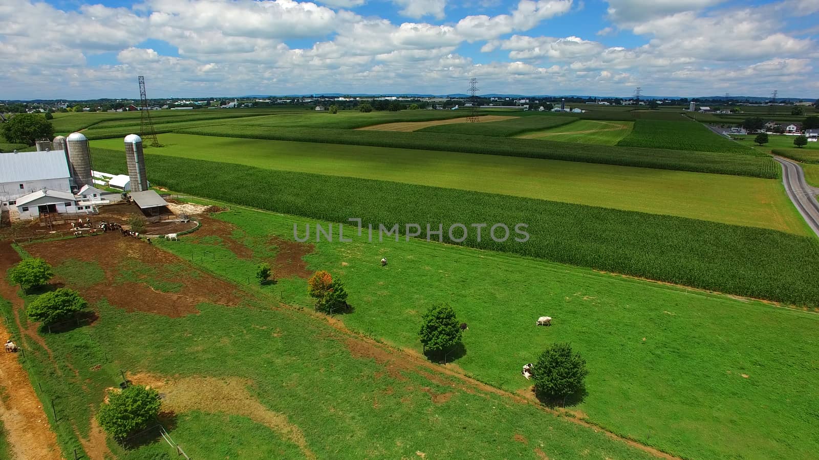 Aerial View of Amish Farm Countryside in Autumn from a Drone