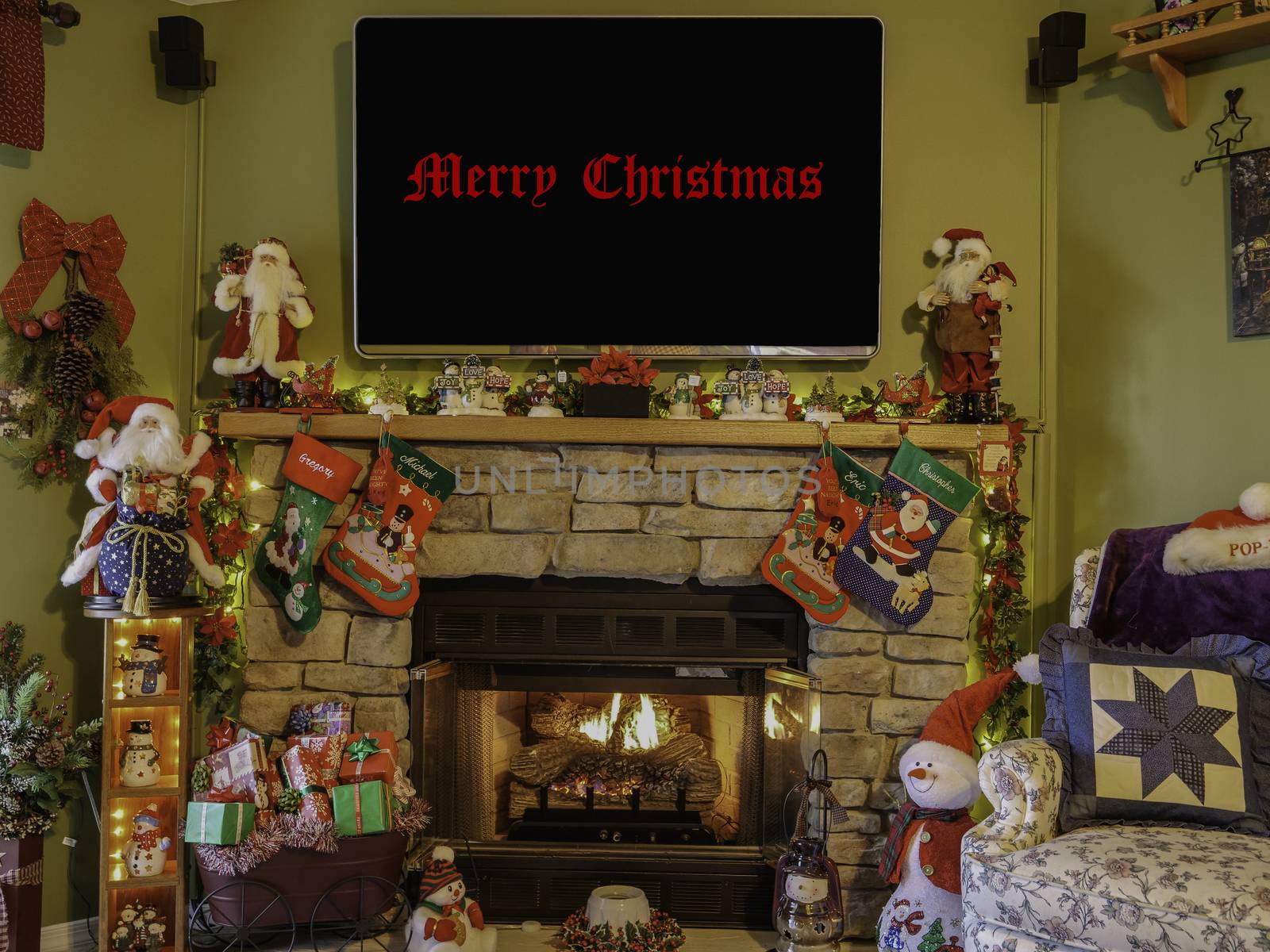 Interior Christmas Display with Fireplace and Decorations