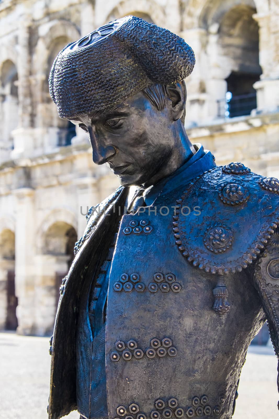 A statue of a matador outside Nimes Colosseum in southern by paddythegolfer