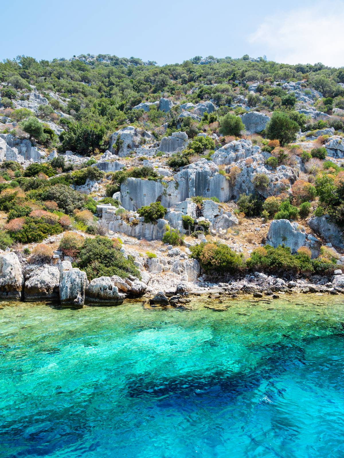 Ruins of Sunken city on Kekova, small Turkish island near Demre. Antalya province, Turkey.