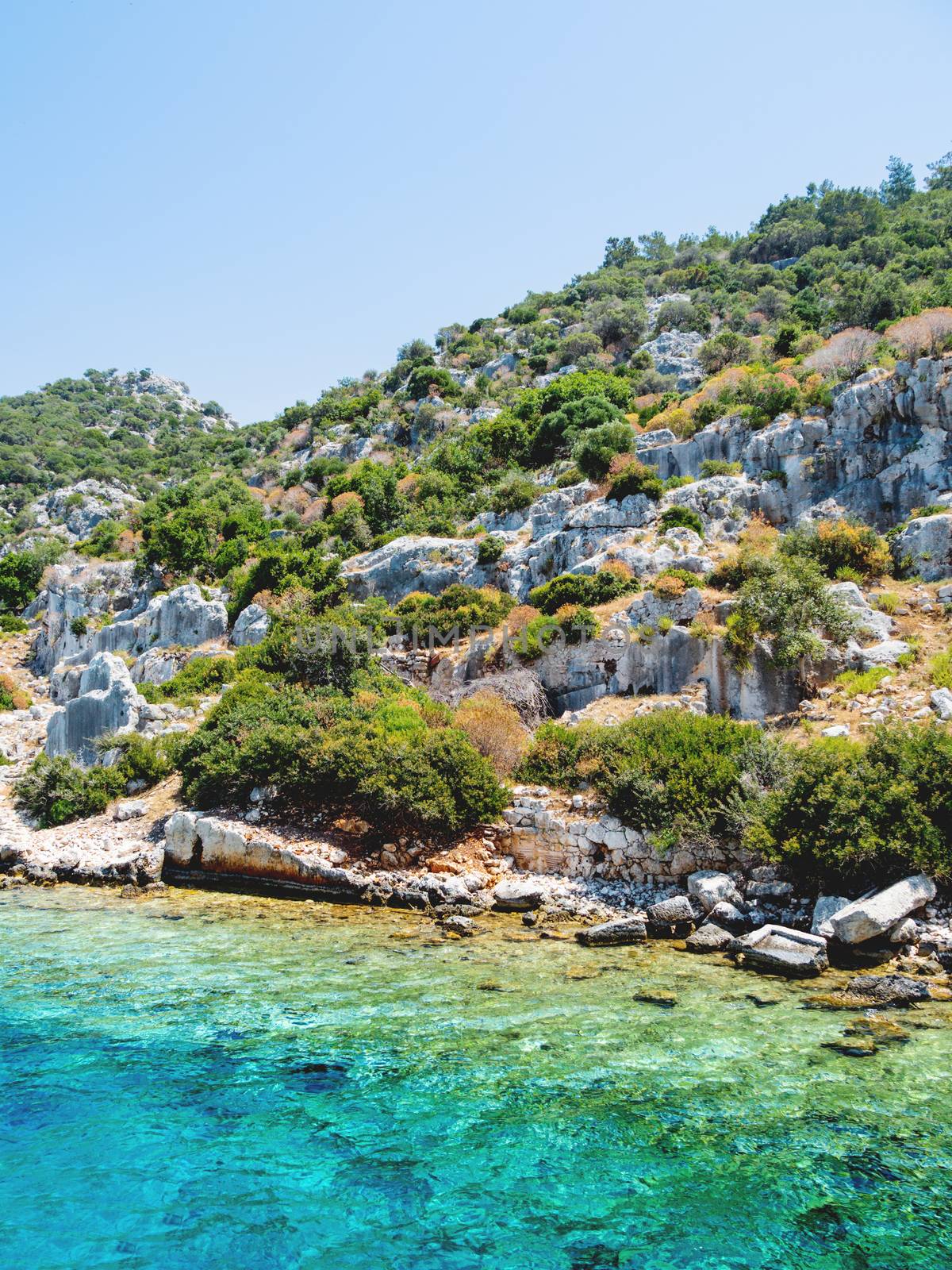 Ruins of Sunken city on Kekova, small Turkish island near Demre. Antalya province, Turkey.