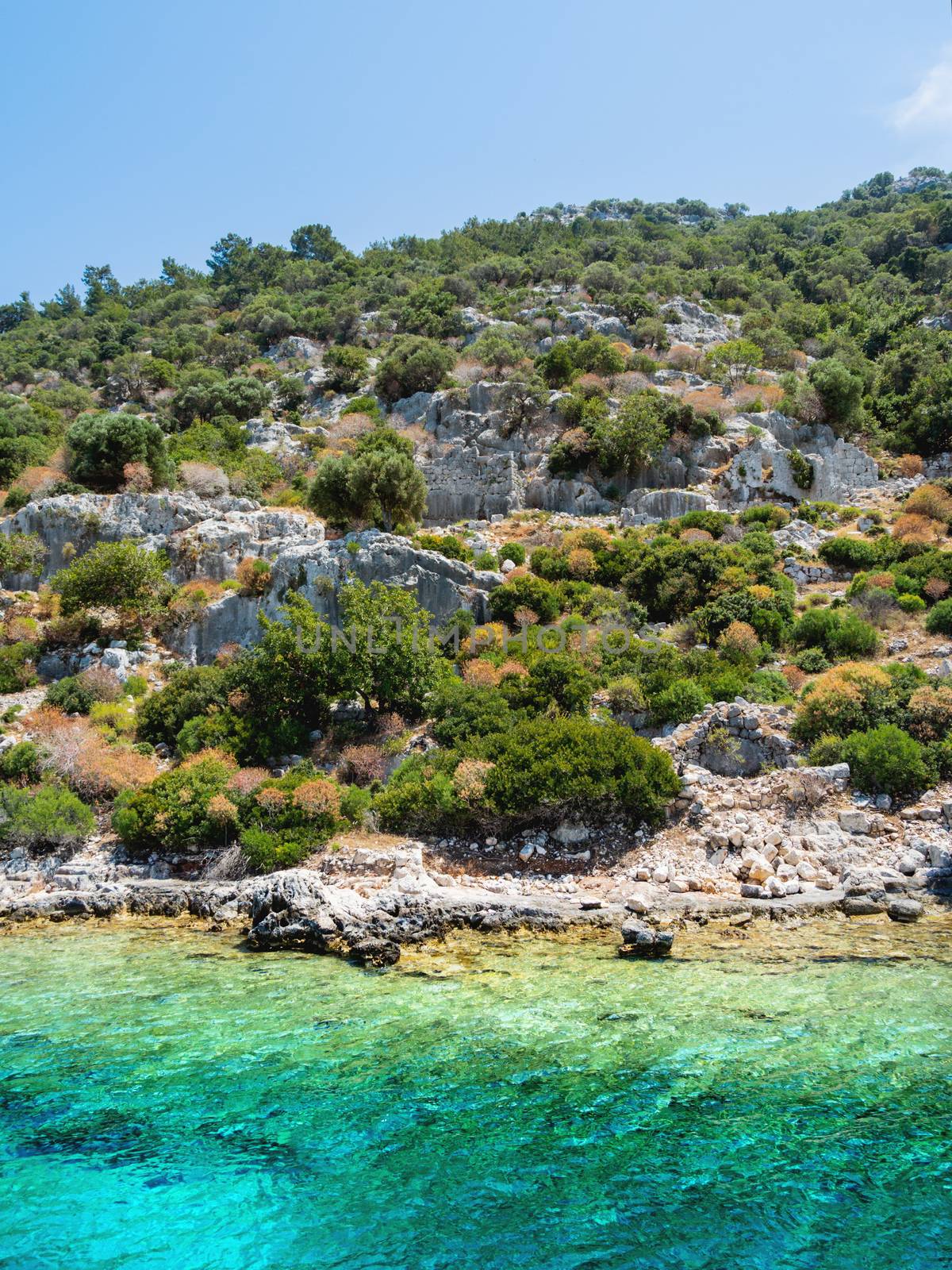 Ruins of Sunken city on Kekova, small Turkish island near Demre. Antalya province, Turkey.