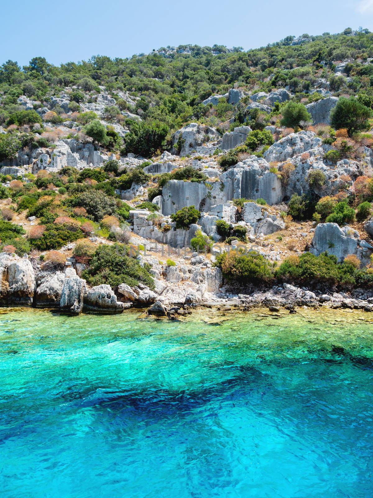 Ruins of Sunken city on Kekova, small Turkish island near Demre. Antalya province, Turkey.