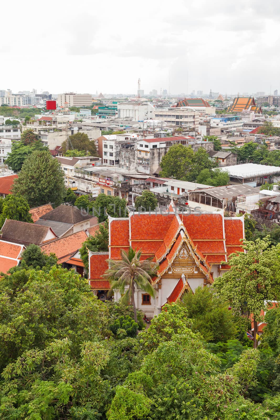 River boat crossing the Chao Phraya river in Bangkok, Thailand. With thai houses and skyscrapersi n the background. Cityscape in early misty morning.