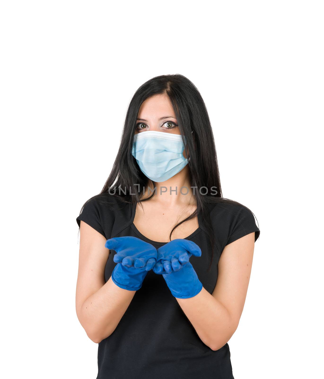 beautiful woman recommends what to wear for prevention, gloves and mask