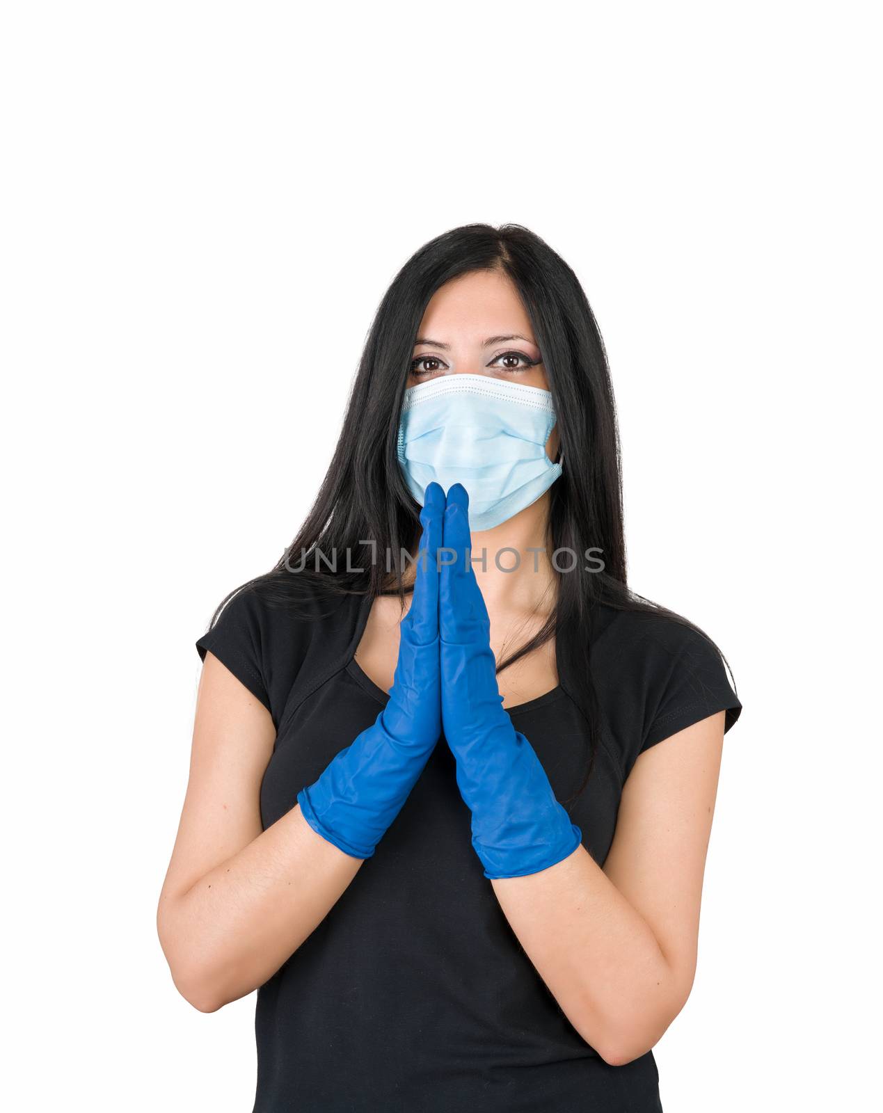 beautiful woman wear medical gloves and mask for prevention by lussoadv