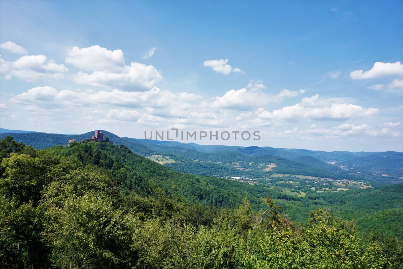 Medieval Trifels castle with beautiful landscape in Palatinate Forest by pisces2386