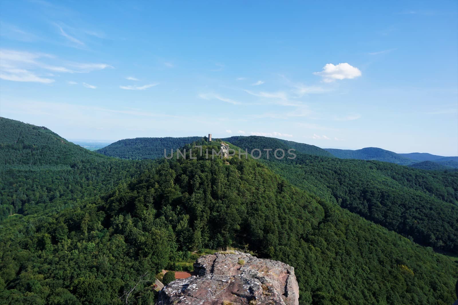 View over the hilly landscape of the Trifels area in Rhineland-Palatinate, Germany