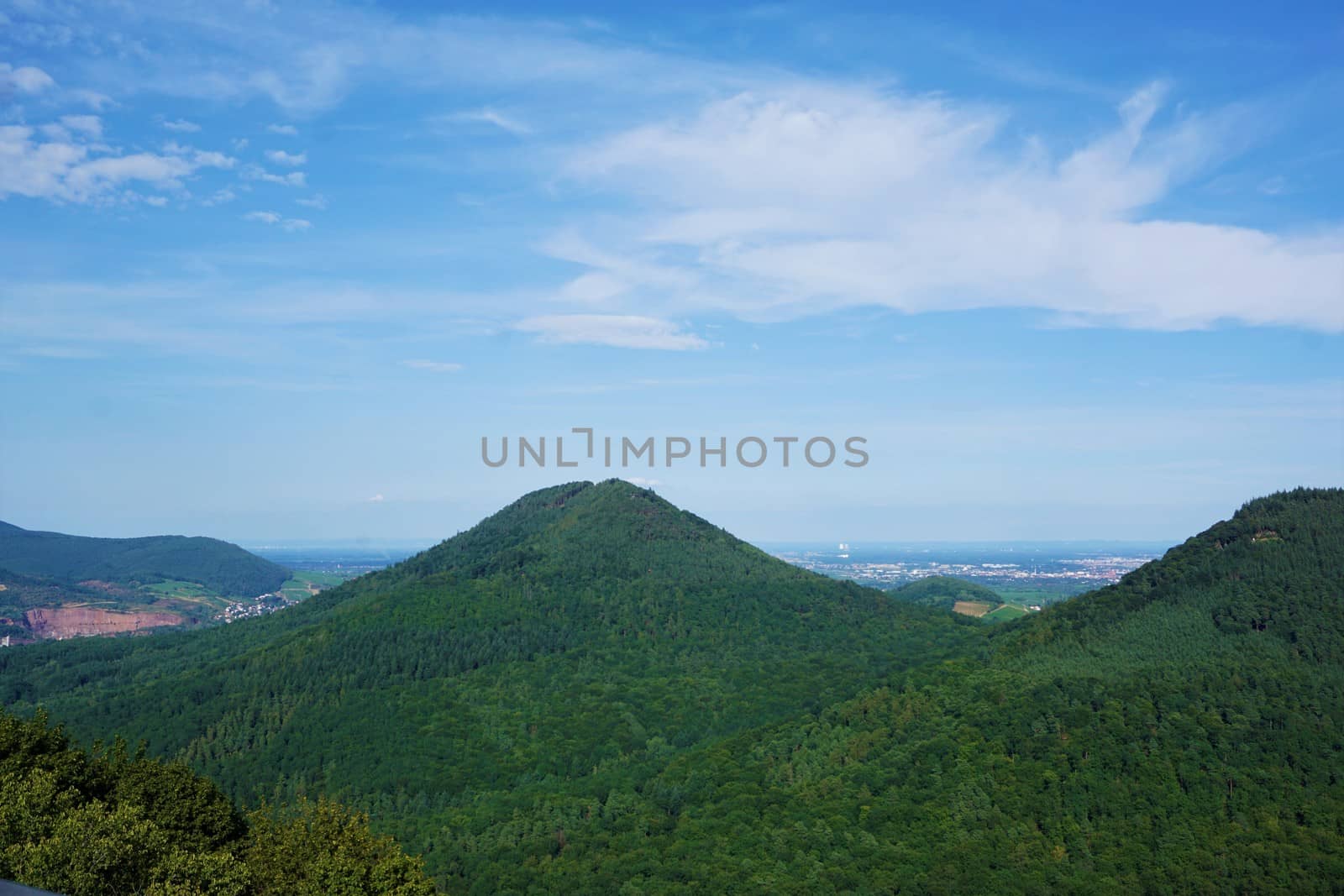 View over the hilly landscape of the Palatinate Forest to the Upper Rhine Plain