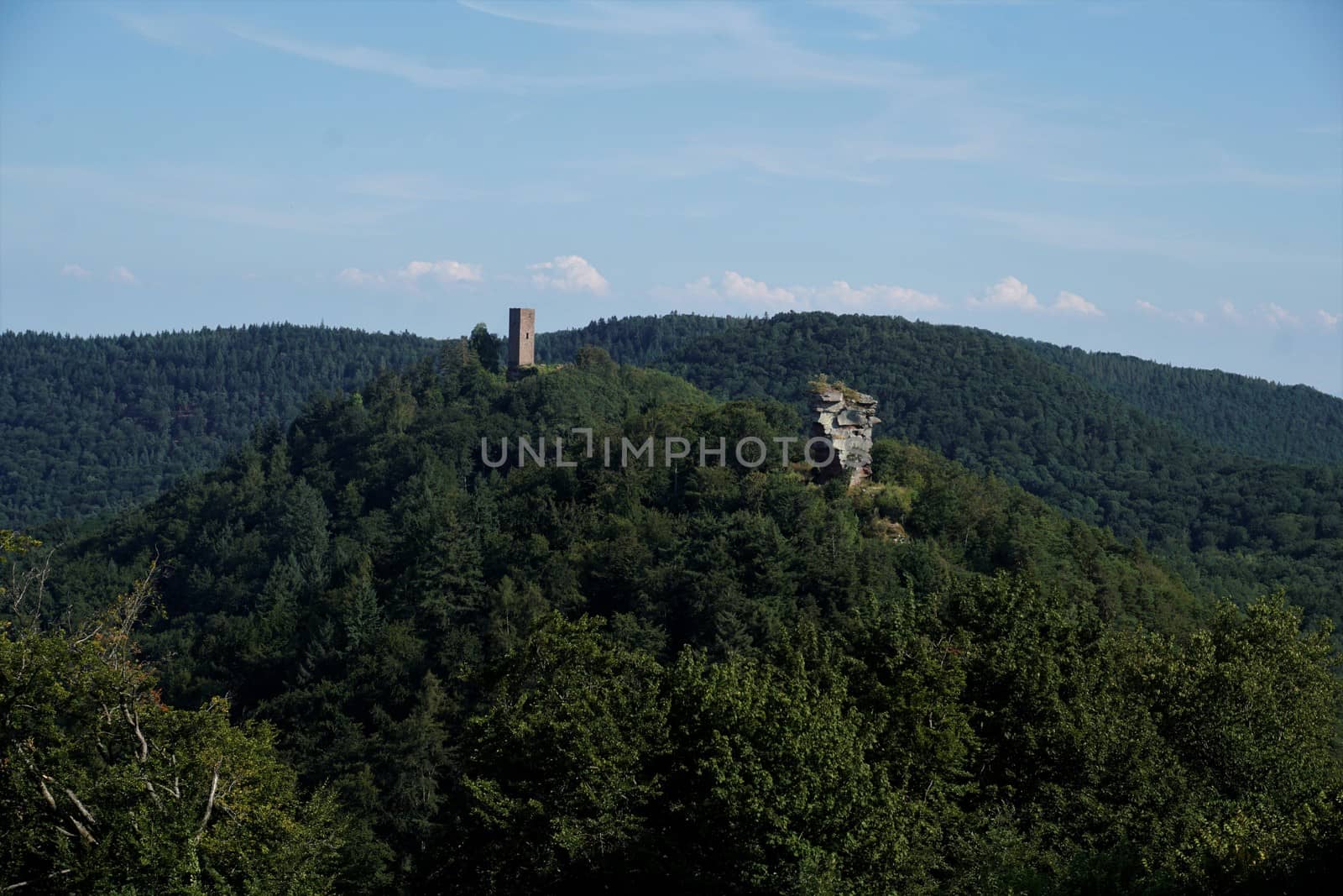 Trifels castle located on a green mountain in the middle of the Palatinate Forest