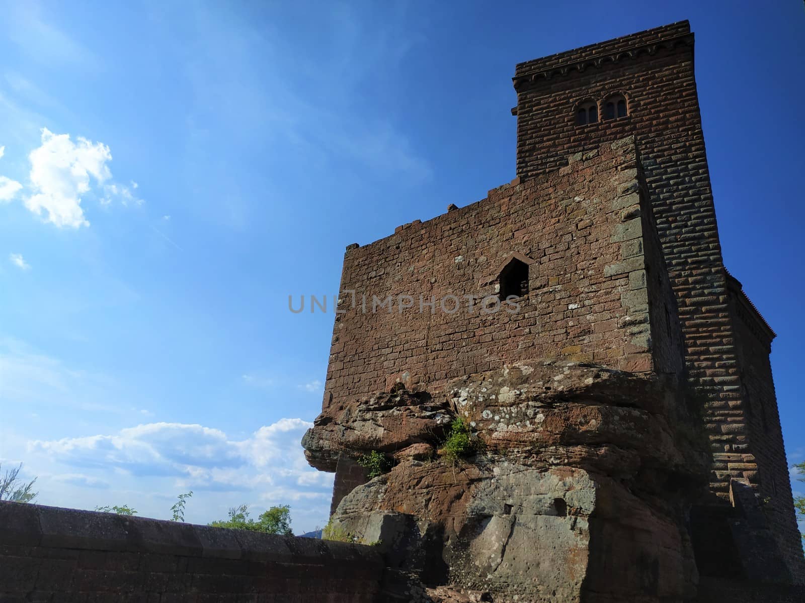 Low angle view on beautiful Trifels castle in front of blue sky