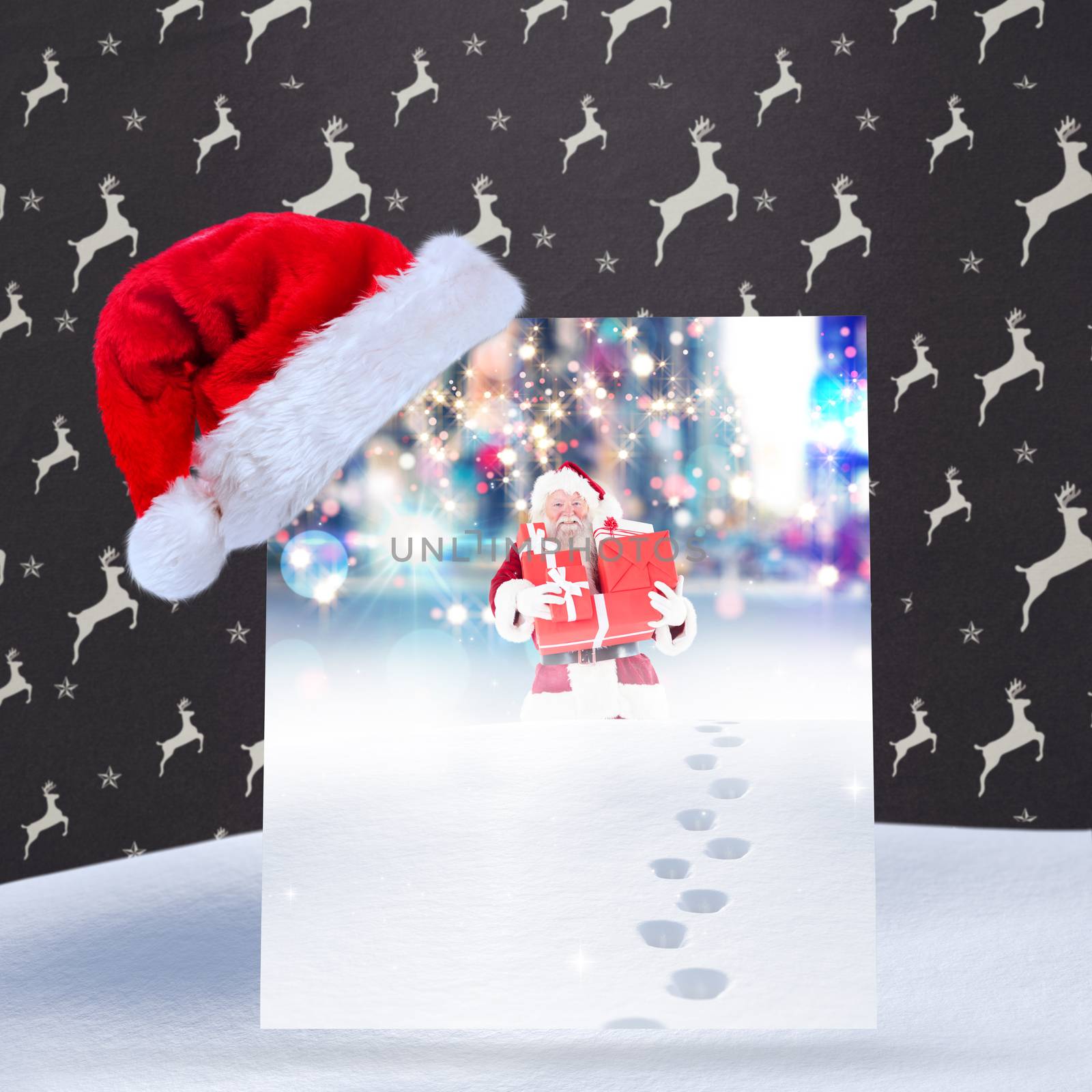 Santa hat on poster against santa delivering gifts in city
