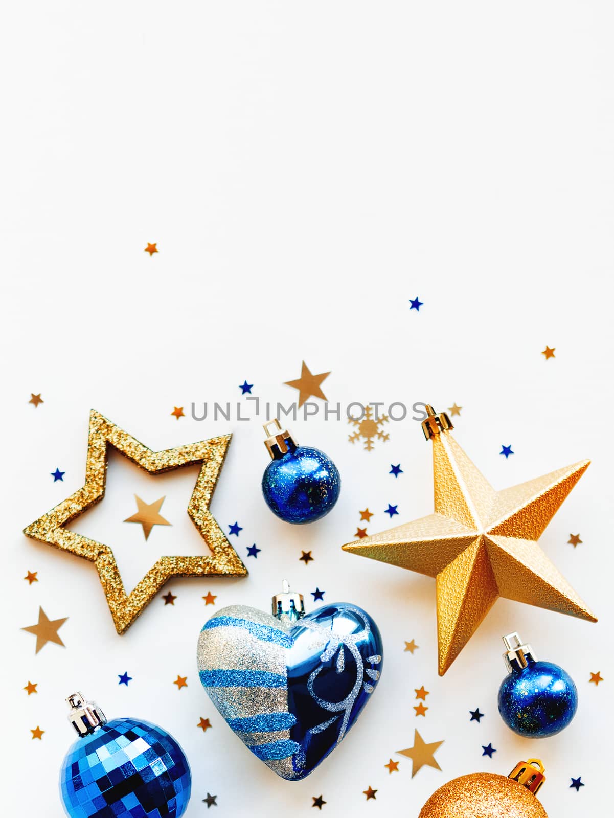 Christmas and New Year 2020 background with decorations, shaped as a circle. Golden and blue balls, stars, confetti and heart. by aksenovko