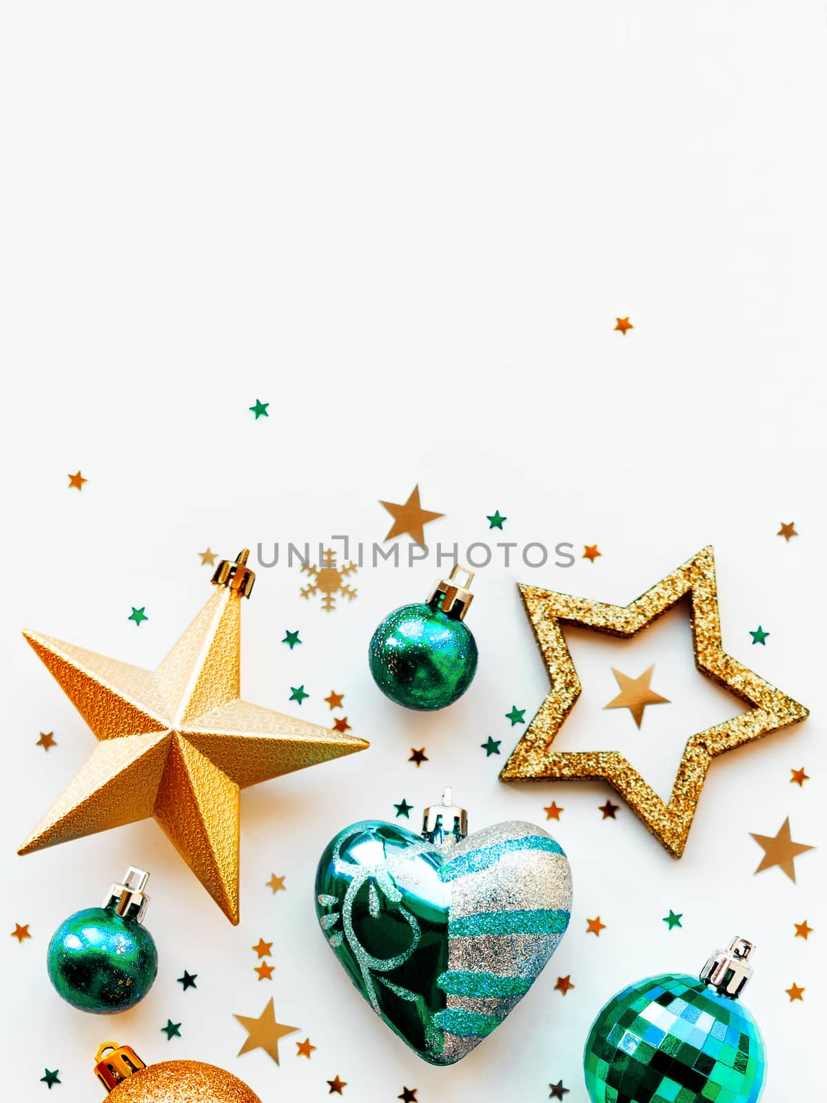 Christmas and New Year 2020 background with decorations, shaped as a circle. Golden and blue balls, stars, confetti and heart.