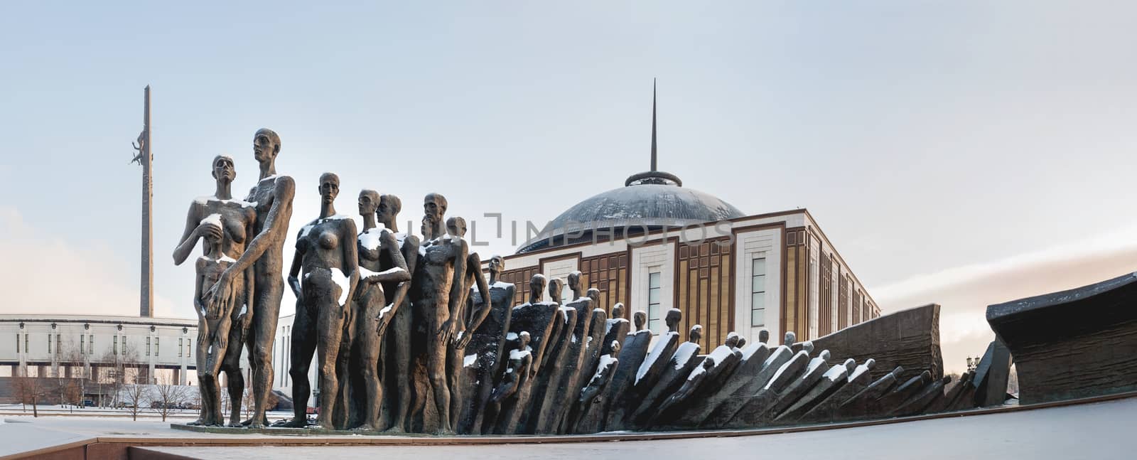 Tragedy of the people monument in Victory Park. Installed in 1997 in memory to the men killed by the Nazi genocide. Moscow, Russia. Panorama view.