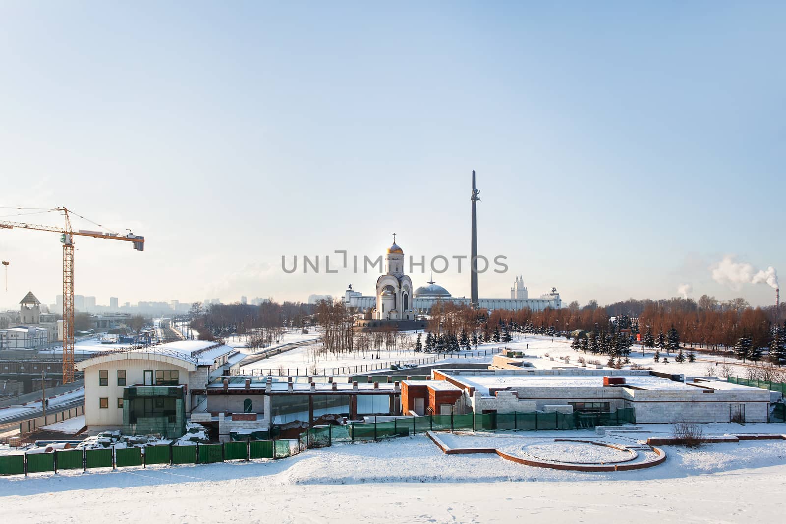 Victory Park in Moscow, dedicated to the memory of Second world war 1941-1945. Panorama view in sunny winter day. Russia.