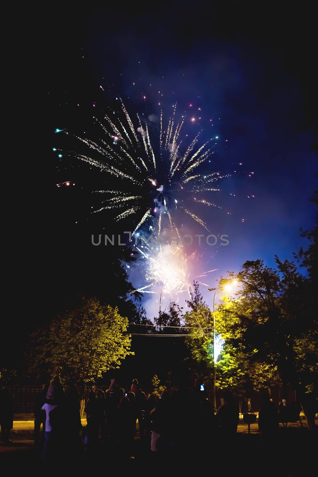 Fireworks in Odintsovo town (Moscow region). Victory day, May 9, 2016. Russia.