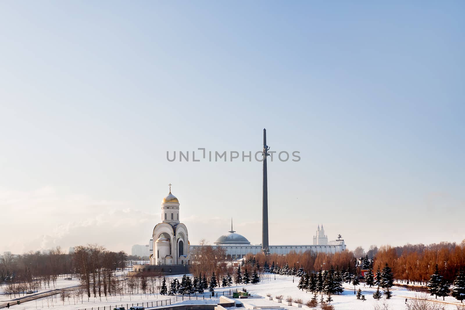 Victory Park in Moscow, dedicated to the memory of Second world war 1941-1945. Panorama view in sunny winter day. Russia.