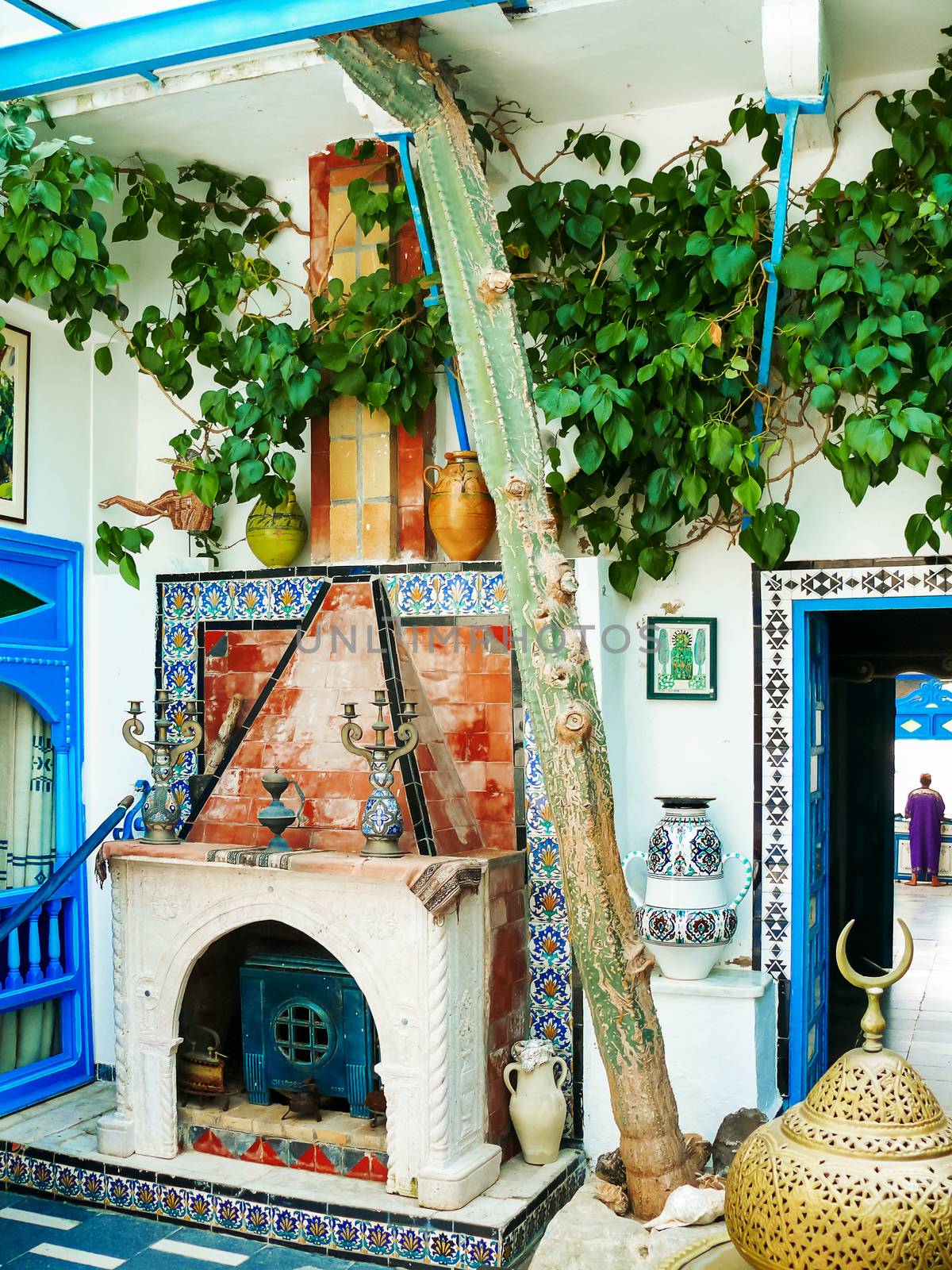 Traditional white and blue interior of house in Sidi Bou Said, Tunisia. by aksenovko